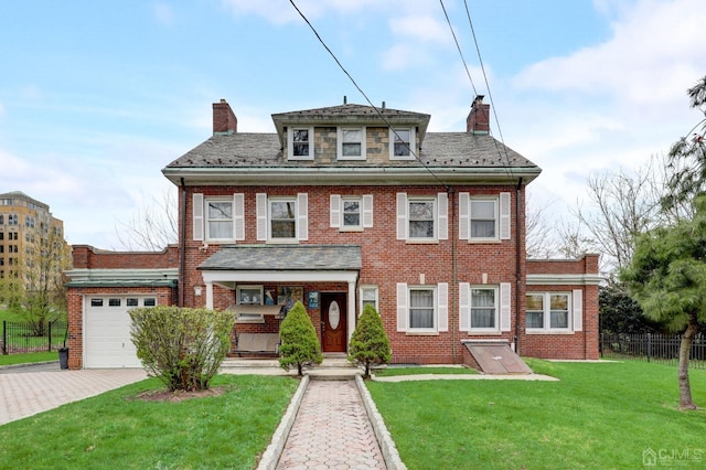 view of front facade with a front yard, fence, a chimney, decorative driveway, and brick siding