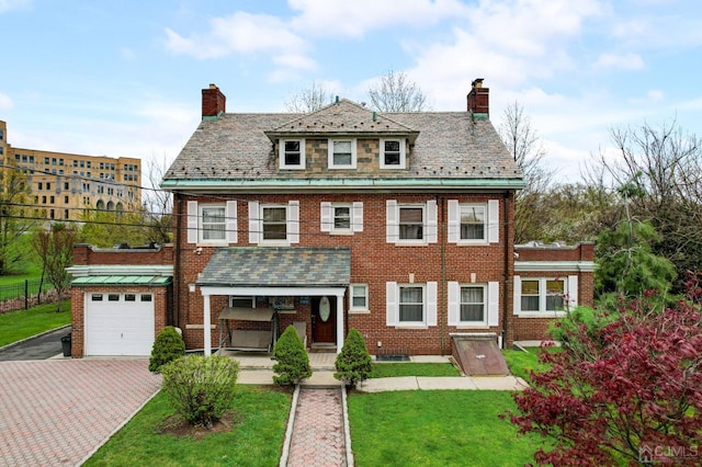 view of front of property with brick siding, a high end roof, and a chimney