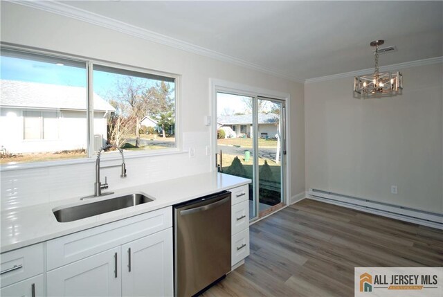 kitchen featuring baseboard heating, white cabinets, hardwood / wood-style floors, sink, and stainless steel dishwasher