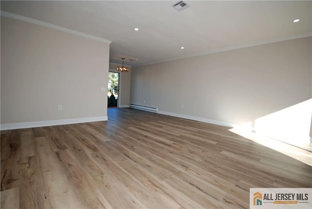 unfurnished room featuring a baseboard radiator, an inviting chandelier, light wood-type flooring, and ornamental molding