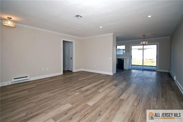 unfurnished living room with a baseboard heating unit, ornamental molding, and wood-type flooring