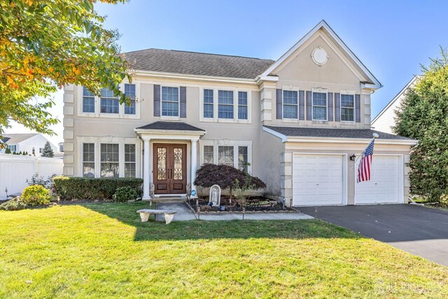 view of front facade featuring french doors, a garage, and a front lawn