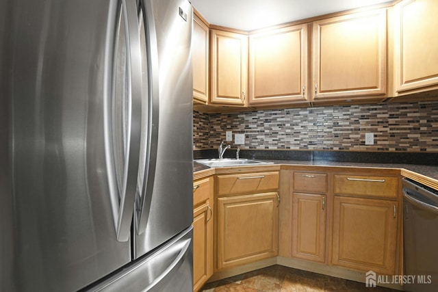 385 Shoreland Cir, Old Bridge, NJ 08879 - kitchen featuring stainless steel appliances, dark countertops, and decorative backsplash