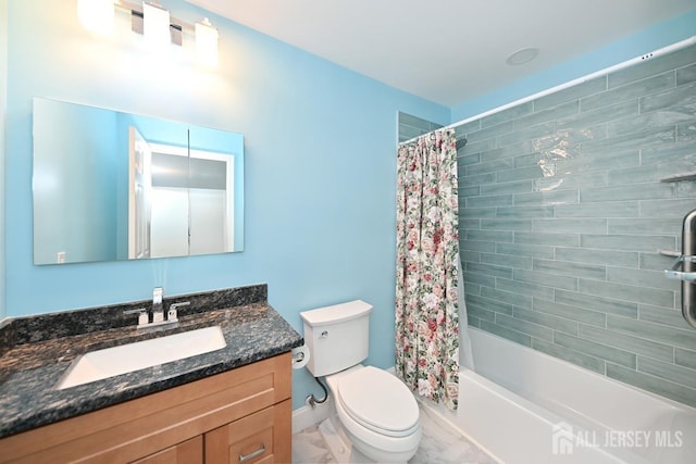 bathroom with toilet, vanity, baseboards, marble finish floor, and shower / bathtub combination with curtain