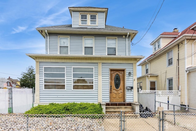 177 Hillside Ave, South River, NJ 08882 - american foursquare style home with a gate, a fenced front yard, a shingled roof, and entry steps