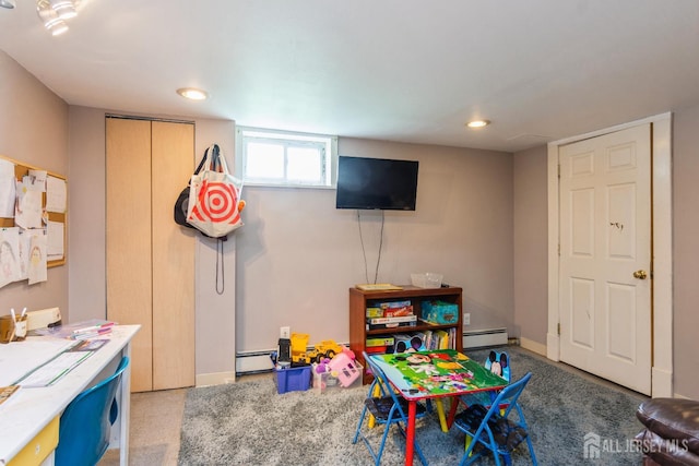 177 Hillside Ave, South River, NJ 08882 - recreation room featuring baseboard heating, a baseboard radiator, and recessed lighting