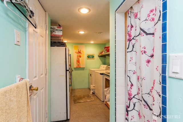 177 Hillside Ave, South River, NJ 08882 - full bath with washing machine and dryer, recessed lighting, tile patterned floors, and a shower with curtain