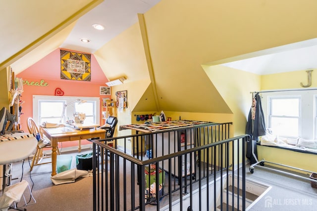 177 Hillside Ave, South River, NJ 08882 - office area with lofted ceiling, carpet flooring, and recessed lighting
