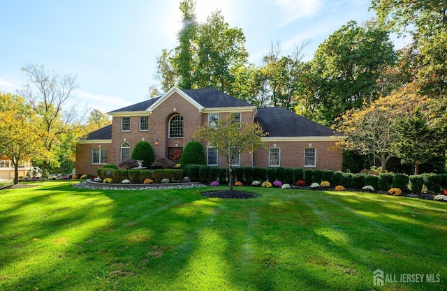 view of front of property featuring brick siding and a front lawn