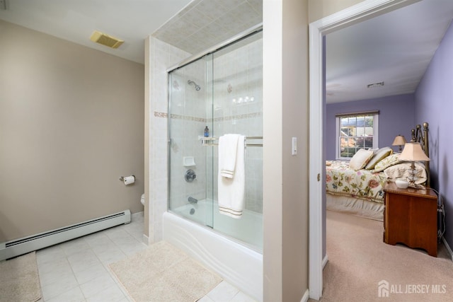 ensuite bathroom featuring visible vents, toilet, a baseboard heating unit, enclosed tub / shower combo, and connected bathroom