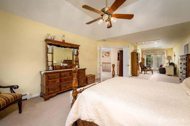 bedroom with baseboards, light colored carpet, lofted ceiling, ceiling fan, and baseboard heating