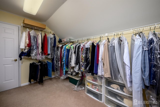 walk in closet with carpet and vaulted ceiling