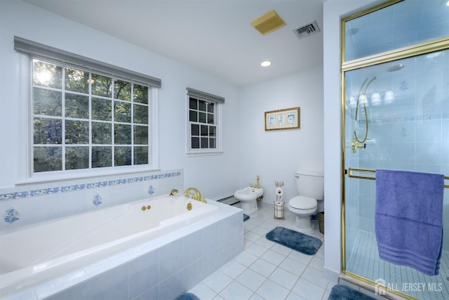 bathroom with toilet, visible vents, a stall shower, a bath, and a bidet