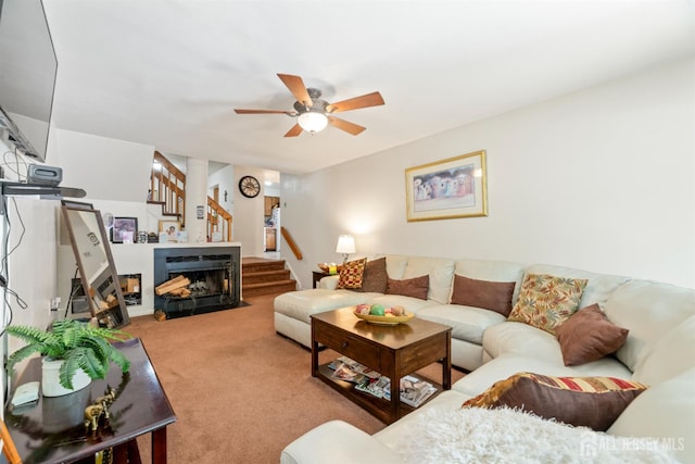 1103 Schmidt Ln, North Brunswick, NJ 08902 - living room featuring stairs, carpet floors, and a ceiling fan