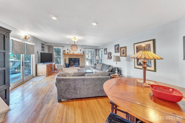 living room with wood-type flooring and a fireplace