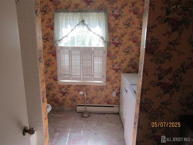 160 Pelham Ln Unit B, Monroe, NJ 08831 - bathroom featuring baseboard heating, toilet, vanity, and wallpapered walls