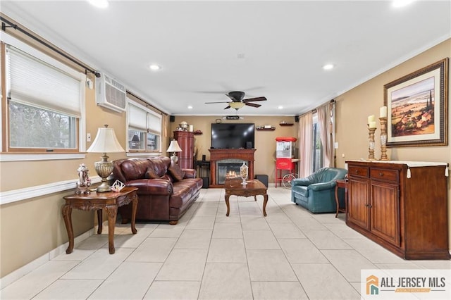 7 Piedmont Dr, Old Bridge, NJ 08857 - living area with ceiling fan, plenty of natural light, a wall unit AC, recessed lighting, and ornamental molding