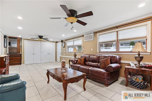 7 Piedmont Dr, Old Bridge, NJ 08857 - living area featuring a ceiling fan, recessed lighting, light tile patterned floors, and a wall unit AC