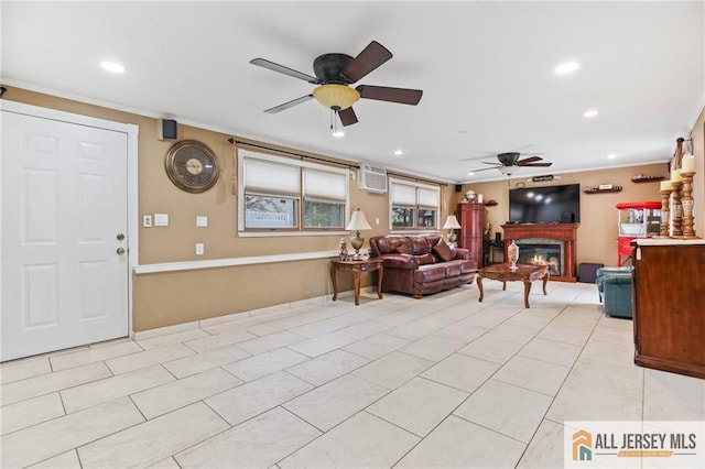 7 Piedmont Dr, Old Bridge, NJ 08857 - living room with ceiling fan, a glass covered fireplace, recessed lighting, an AC wall unit, and light tile patterned flooring
