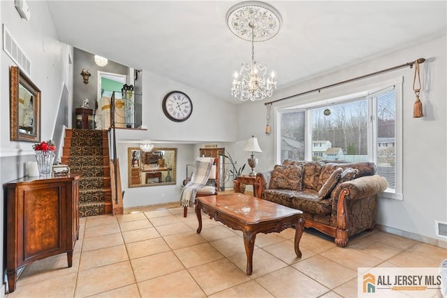 7 Piedmont Dr, Old Bridge, NJ 08857 - living area with a chandelier, light tile patterned floors, and stairs