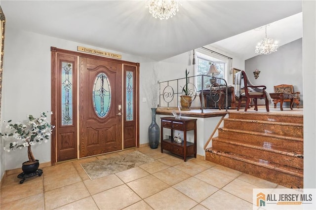 7 Piedmont Dr, Old Bridge, NJ 08857 - tiled entrance foyer with a chandelier and stairway