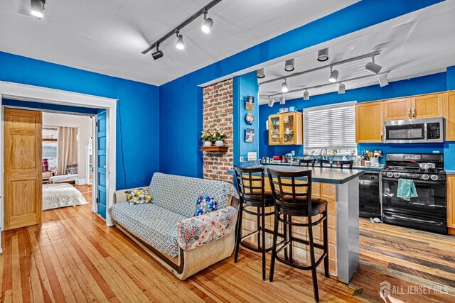 55 Suydam St, New Brunswick, NJ 08901 - kitchen featuring stainless steel microwave, black range with gas stovetop, track lighting, light wood-style flooring, and a breakfast bar