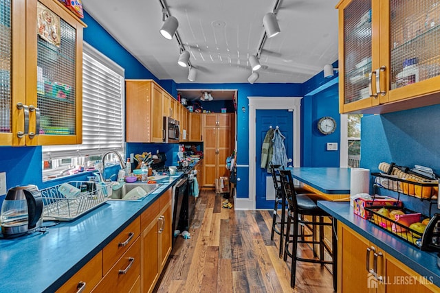 55 Suydam St, New Brunswick, NJ 08901 - kitchen featuring a sink, stainless steel microwave, dark countertops, and wood finished floors
