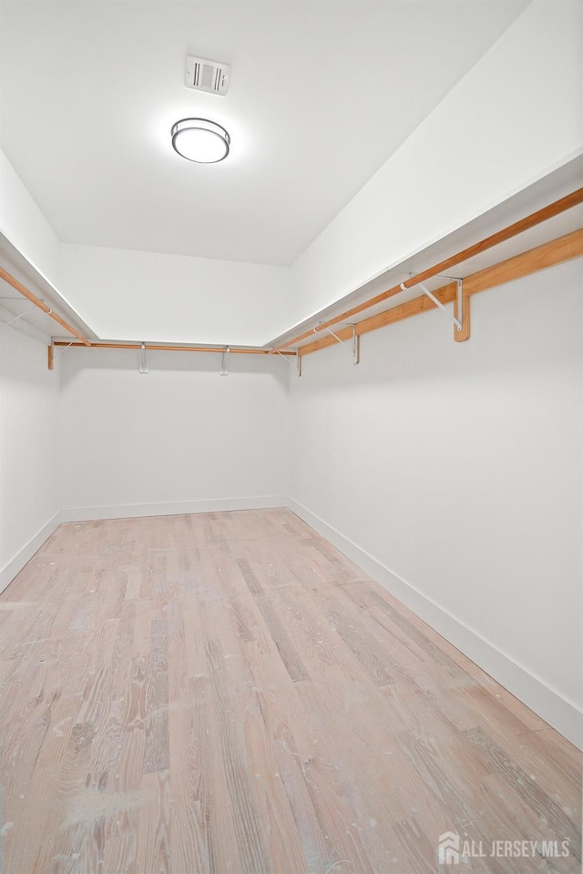 walk in closet with light hardwood / wood-style floors