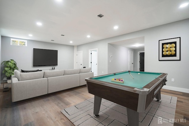 recreation room featuring hardwood / wood-style flooring and billiards