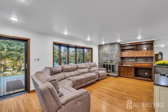 living room with light hardwood / wood-style floors, crown molding, and a stone fireplace