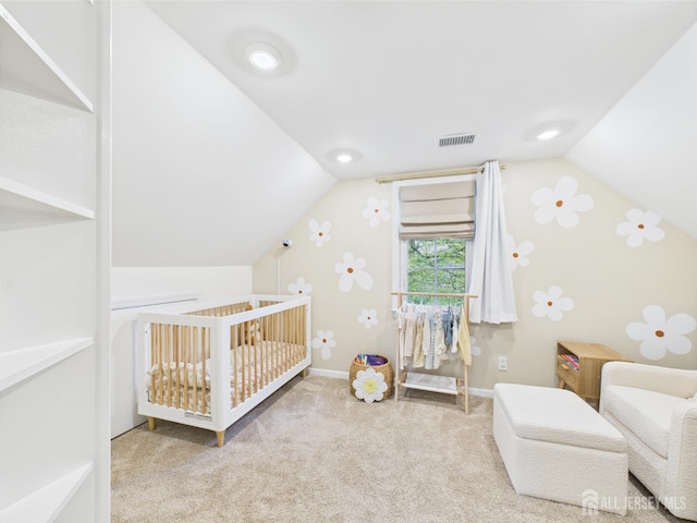 218 Washington Ave, Matawan, NJ 07747 - carpeted bedroom featuring lofted ceiling, a nursery area, and baseboards
