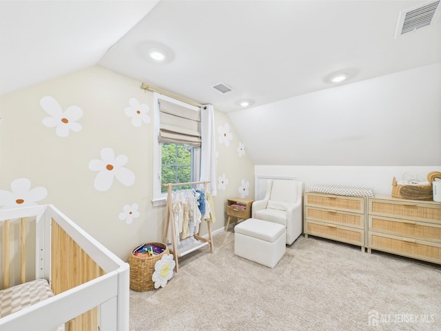 218 Washington Ave, Matawan, NJ 07747 - bedroom with lofted ceiling, carpet flooring, and a nursery area