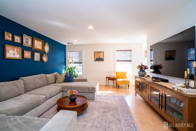 living room with plenty of natural light and light wood-type flooring