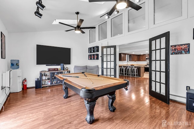 218 Community Cir, Old Bridge, NJ 08857 - game room featuring ceiling fan, rail lighting, billiards, a baseboard heating unit, and high vaulted ceiling