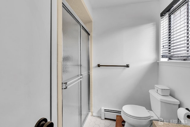218 Community Cir, Old Bridge, NJ 08857 - bathroom with baseboard heating, toilet, and a shower stall