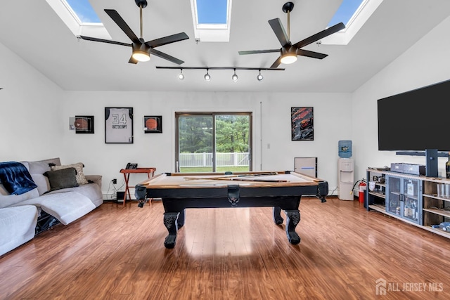 218 Community Cir, Old Bridge, NJ 08857 - game room with a skylight, a ceiling fan, pool table, vaulted ceiling, and wood finished floors