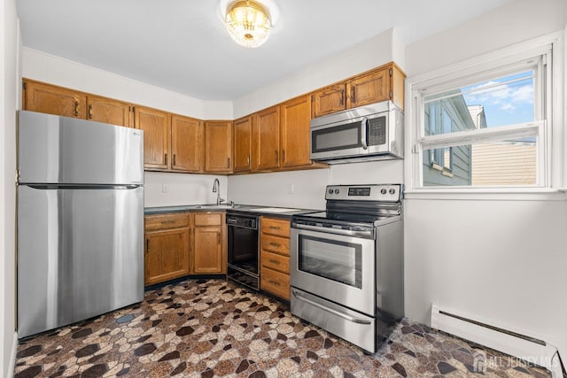 82 Mercer St, Menlo Park Terrace, NJ 08840 - kitchen with appliances with stainless steel finishes, baseboard heating, brown cabinets, and dark countertops