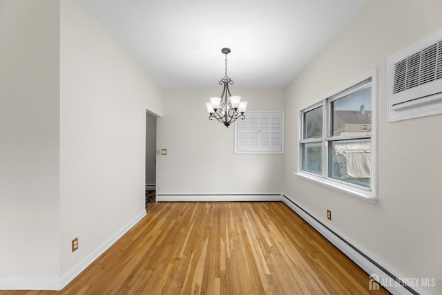 82 Mercer St, Menlo Park Terrace, NJ 08840 - unfurnished dining area with a baseboard radiator, a chandelier, light wood-style floors, and a wall unit AC