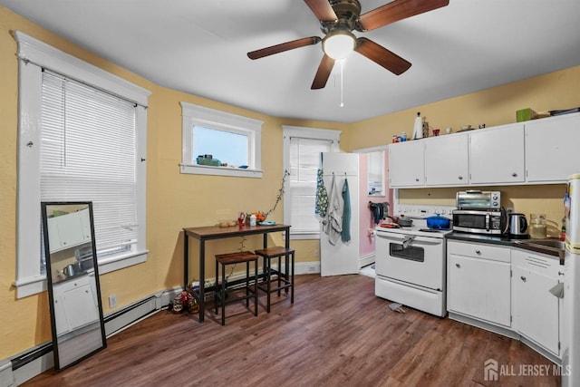 kitchen featuring white electric stove, white cabinets, dark wood-style floors, stainless steel microwave, and dark countertops