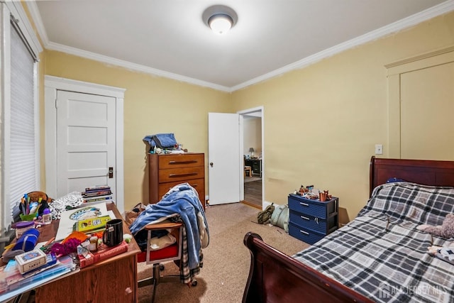 bedroom featuring light carpet and crown molding