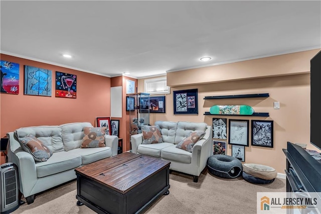 2124 Orchard Dr, South Plainfield, NJ 07080 - living room featuring carpet floors, recessed lighting, crown molding, and baseboards