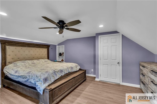 2124 Orchard Dr, South Plainfield, NJ 07080 - bedroom with ceiling fan, baseboards, light wood finished floors, lofted ceiling, and recessed lighting