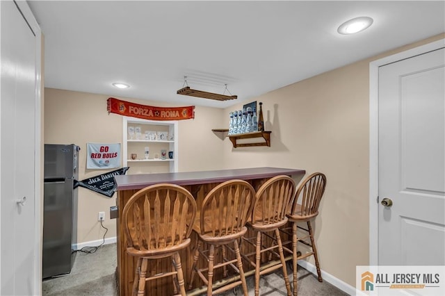 2124 Orchard Dr, South Plainfield, NJ 07080 - bar with a bar, freestanding refrigerator, baseboards, and recessed lighting