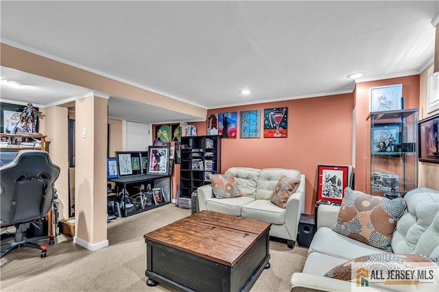 2124 Orchard Dr, South Plainfield, NJ 07080 - carpeted living area with baseboards, ornamental molding, and recessed lighting