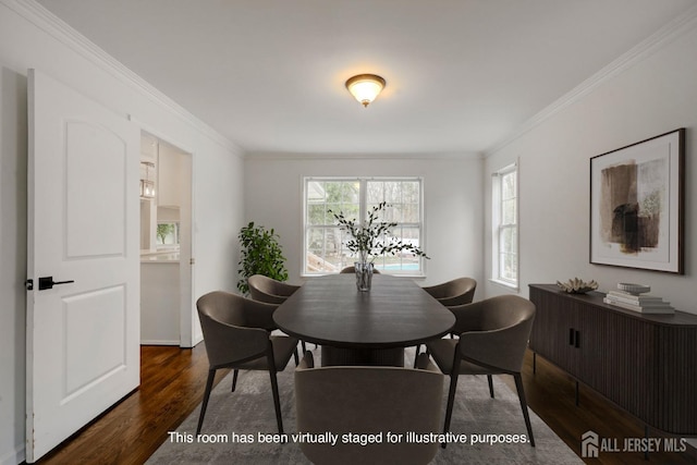 dining space with crown molding, dark wood finished floors, and baseboards