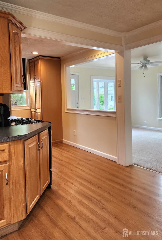 20 Brunswick Ave, Spotswood, NJ 08884 - kitchen with dark countertops, light wood finished floors, crown molding, a textured ceiling, and brown cabinetry