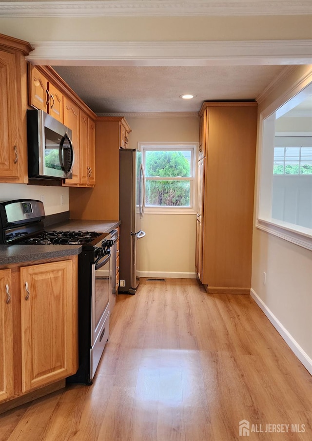20 Brunswick Ave, Spotswood, NJ 08884 - kitchen with appliances with stainless steel finishes, light wood-style floors, plenty of natural light, dark countertops, and ornamental molding