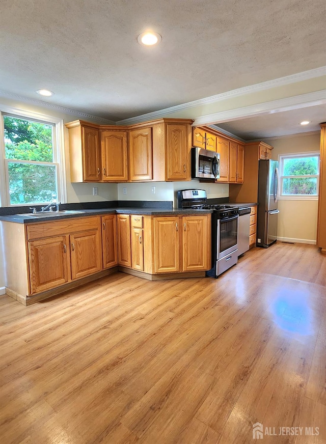 20 Brunswick Ave, Spotswood, NJ 08884 - kitchen featuring appliances with stainless steel finishes, light wood-style floors, crown molding, dark countertops, and recessed lighting