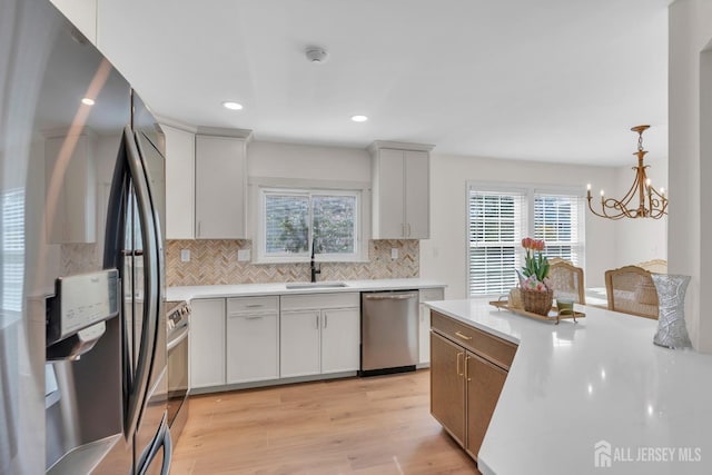 kitchen featuring light wood-style flooring, a sink, appliances with stainless steel finishes, light countertops, and backsplash