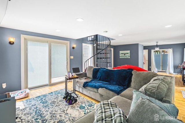 76 Woodland Dr, Keyport, NJ 07735 - living room featuring plenty of natural light, wood finished floors, stairway, and recessed lighting